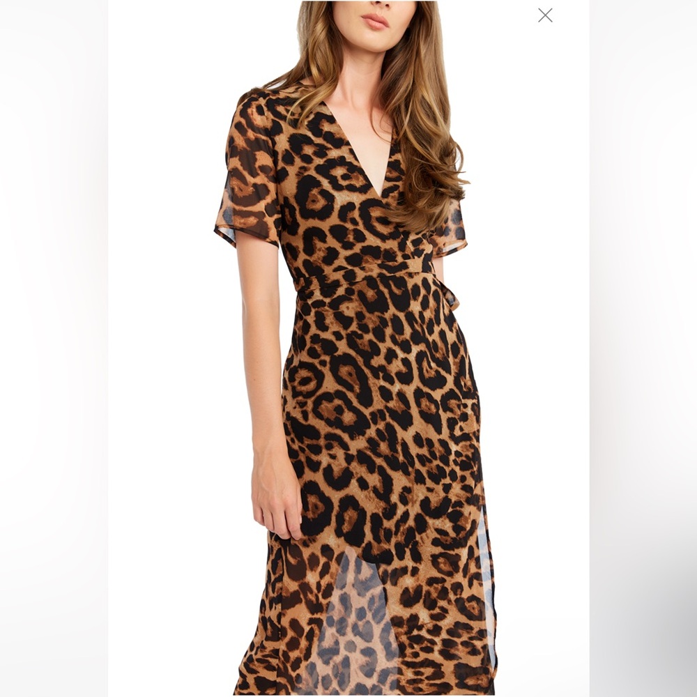 Bardot Brown Leopard Midi Wrap Dress - 4/XS - Picture 4 of 15